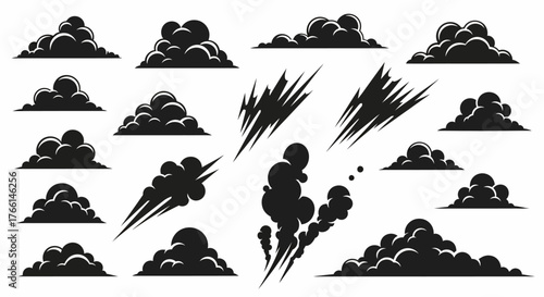 Cartoon Vector Clouds Weather Effects, Smoke and Explosions in Silhouette