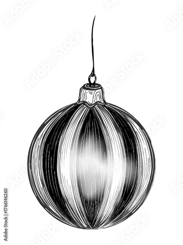Hand Drawn Christmas Ornament Ball Illustration. Detailed black and white illustration of a Christmas ornament ball with striped reflective texture hanging on a string isolated on white background