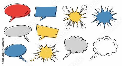 Vector Illustration of Colorful Speech Bubbles and Comic Style Explosion Shapes for Creative Design