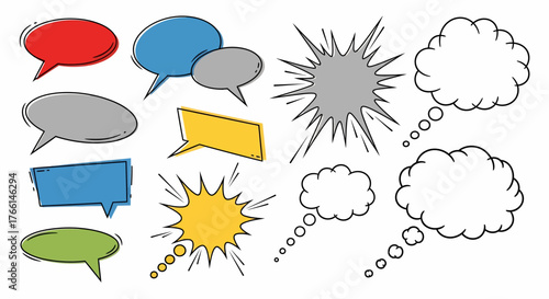 Vector Speech Bubbles Set Diverse Shapes, Colors, and Burst Effects for Creative Designs