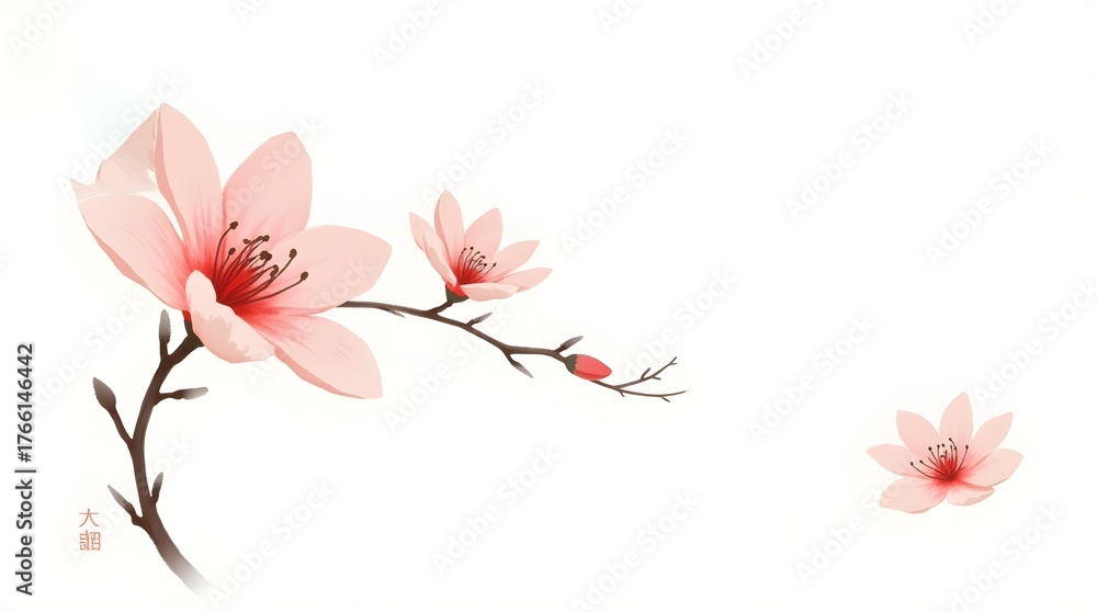 Naklejka premium Minimalist Japanese-style illustration of flor de cerezo blossoms