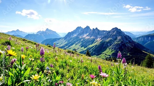Vibrant Wildflower Meadow with Majestic Mountain View
