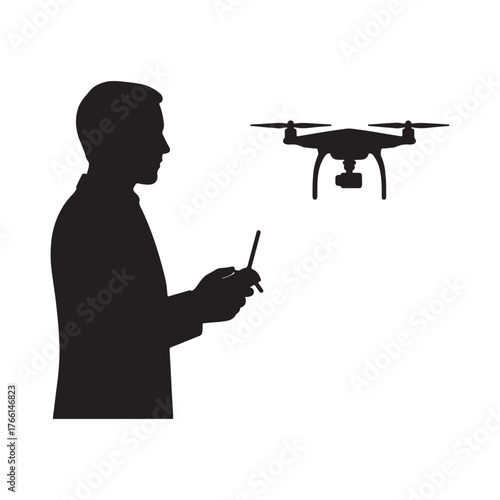 Man operating a drone with a remote control in a simple silhouette style