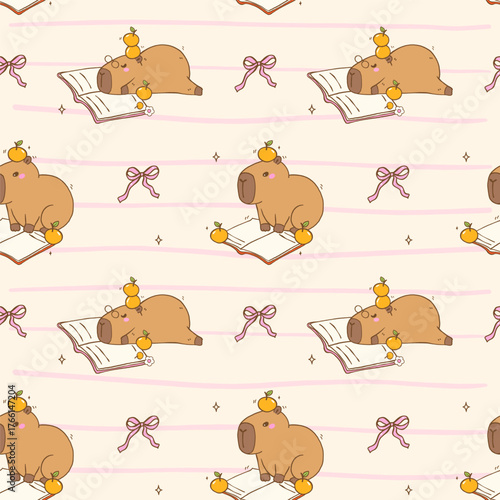 Cute Bookish Capybara Reading Book Seamless Pattern on striped, Retro Cozy vibe Reading Wallpaper Cartoon Hand Drawn Printable