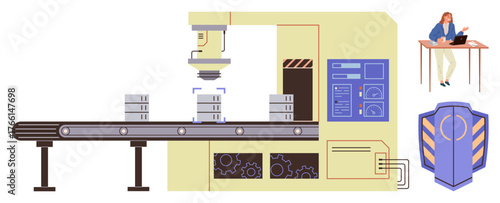 Modern packaging assembly line with robotic machine inspecting boxes, a worker managing data, and a security shield icon. Ideal for industry, automation, AI, manufacturing, logistics, quality