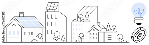 Buildings with solar panels, eco-friendly trees, a light bulb with leaves, and a coin evoke ideas of green energy, sustainability, and smart cities. Ideal for clean energy, green living, technology