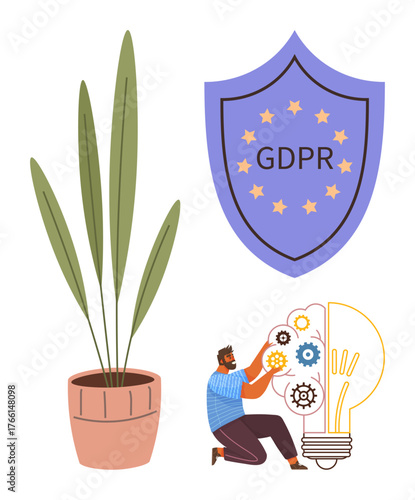 GDPR shield with stars, potted plant, man adjusting gears in light bulb. Ideal for data protection, innovation, compliance, sustainability, technology privacy creativity. Simple flat metaphor