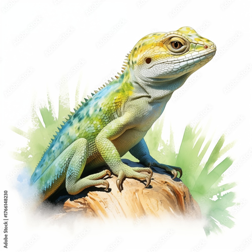 Fototapeta premium Vibrant green lizard perched on a rock, surrounded by lush greenery