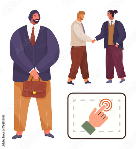 Businessman holding briefcase, two colleagues shaking hands, and a hand tapping a touchpoint. Ideal for teamwork, networking, leadership, decision-making, career growth, collaboration and workplace