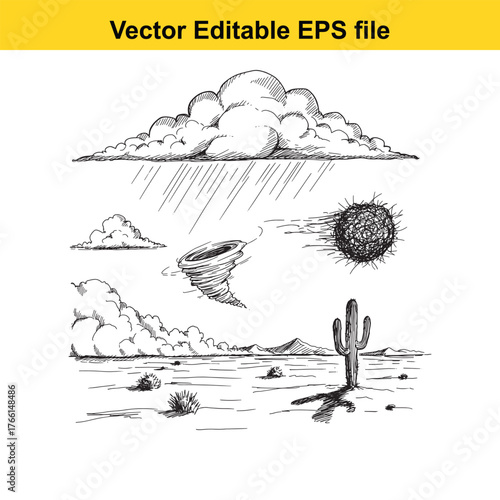 Vector art of handdrawn sketch of desert storm elements including rain clouds, tornado, and cactus