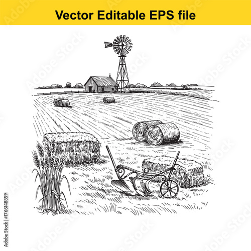 Vector art of vintage farm scene with a windmill, barn, hay bales, and a plow in a harvested field, handdrawn sketch style