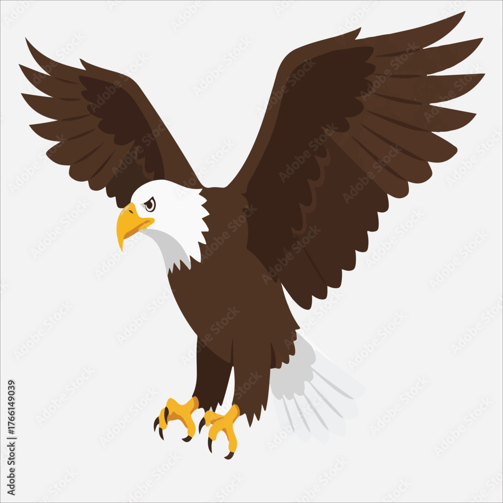Fototapeta premium Illustration of a brown bald eagle with outstretched wings and sharp talons on a plain white background.