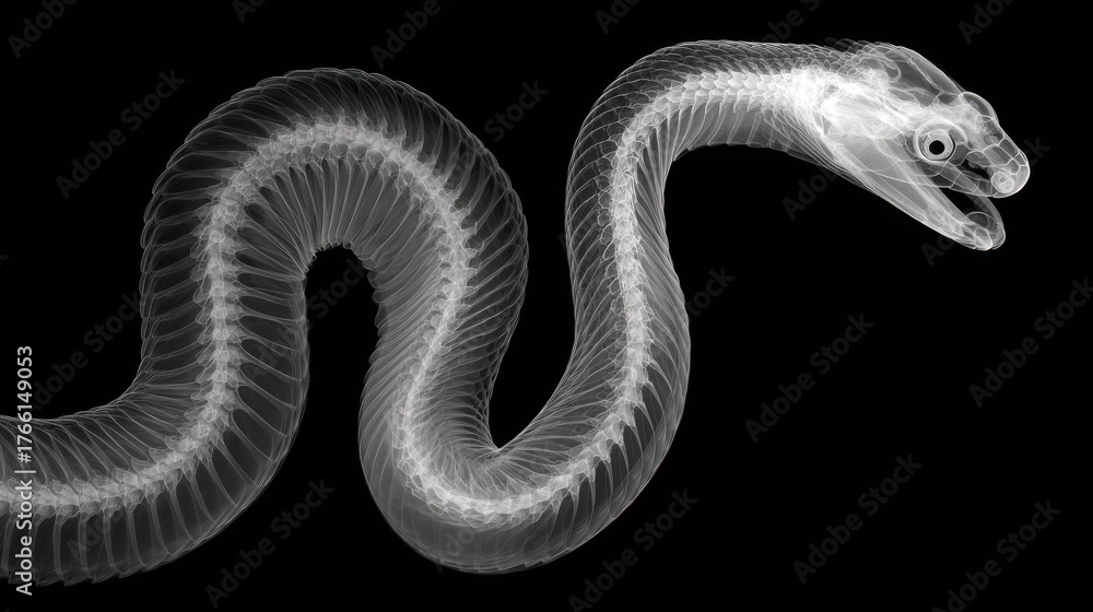 Fototapeta premium X-ray image of a snake head and body showing skeletal structure and scales for science and biology research