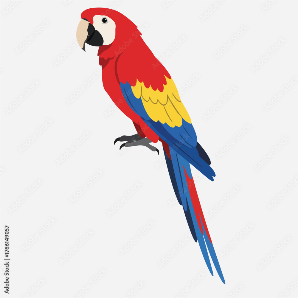 Fototapeta premium A vibrant red, blue, and yellow macaw parrot standing against a clean white background with a slight turn to its left.