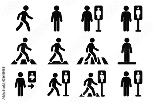 Collection of pedestrian crossing and walking silhouettes with traffic signals
