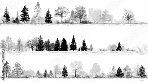 Una collezione elegante di sagome di alberi vettoriali in bianco e nero, ideale per progetti di design che richiedono elementi naturali stilizzati e versatili.