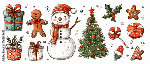 Una festosa collezione di elementi natalizi disegnati a mano, perfetti per decorazioni e design invernali, evocando la magia delle vacanze.