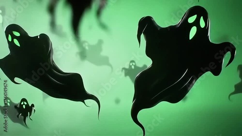 Spooky flying ghosts animation on green screen background for Halloween video editing, eerie floating spirits motion clip, scary ghostly scene for chroma key projects