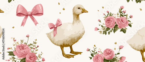 Incantevole modello vettoriale senza cuciture con oche acquerellate, fiocchi rosa e delicati bouquet floreali, perfetto per decorazioni infantili e celebrazioni.