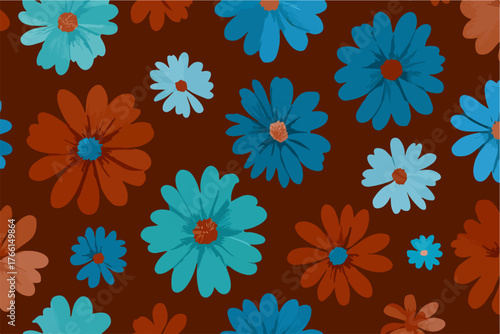 Questo vivace e allegro motivo floreale retrò presenta fiori stilizzati in tonalità di blu, arancio e teal su uno sfondo marrone, ideale per design contemporanei.