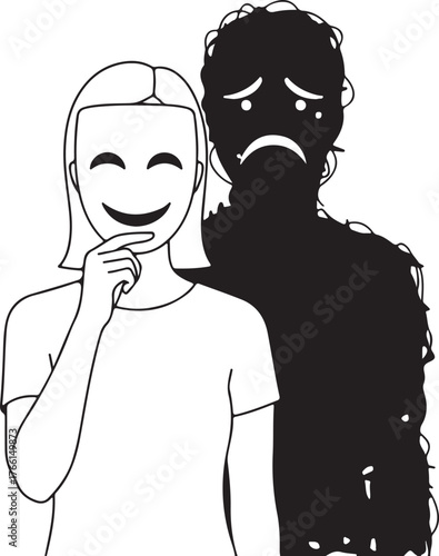 Masking Sadness A person with a happy mask conceals their inner anxiety and depression, depicted as a tangled, sorrowful shadow, illustrating hidden mental struggles and emotional duality