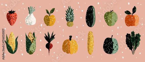 Illustrazione vettoriale artistica che presenta una varietà colorata di frutta e verdura fresca, ideale per design legati alla nutrizione e al benessere.