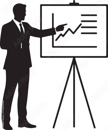 Businessman Presenting Growth Chart Icon. Corporate Presentation, Data Analysis, and Business Strategy Concept.