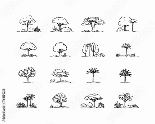 Illustrazioni vettoriali dettagliate di diverse specie arboree, ideali per aggiungere un tocco organico e naturale a qualsiasi progetto creativo.