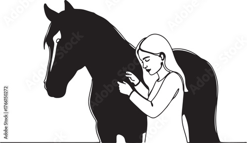  Minimalist One Line Art Illustration of a Young Woman Braiding a Horse's Mane, depicting a beautiful bond and equestrian care..