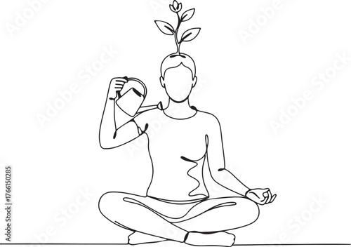 Minimalist One Line Drawing of a Person Meditating in Lotus Pose, Nurturing a Sprout Growing from Their Head, Symbolizing Mental Growth, Self-Care, Mindfulness, and Personal Development.