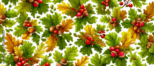 Un vivace motivo autunnale senza soluzione di continuità con foglie di quercia, ghiande e bacche rosse, perfetto per sfondi decorativi.