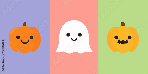 Una deliziosa collezione vettoriale di personaggi di Halloween, inclusa una zucca sorridente, un fantasma amichevole e una zucca intagliata, su sfondi color pastello.