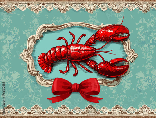 Una raffinata illustrazione vettoriale di un'aragosta rossa in una cornice d'argento ornata, con un fiocco, su sfondo vintage acquamarina.