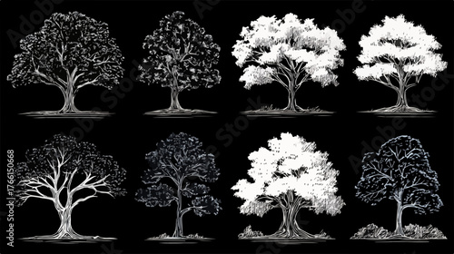 Una collezione artistica di otto illustrazioni vettoriali di alberi diversi, con dettagli intricati in bianco e nero, perfette per il design grafico.