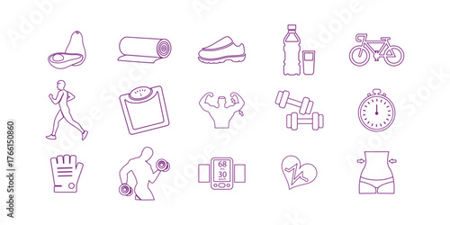 fitness icons set. Outline set of outdoor fitness vector icons. Nutrition web icon set in line style. Treatment, healthy food, health, diet, obesity, palm oil free, collection
