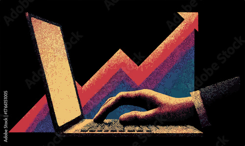 Una mano digita su un laptop, mentre un grafico ascendente simboleggia crescita, successo e progresso nel panorama digitale e finanziario.