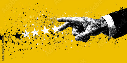 Una mano decisa indica e valuta una serie di stelle, rappresentando concetti di qualità, feedback e successo in un contesto grafico moderno e astratto.