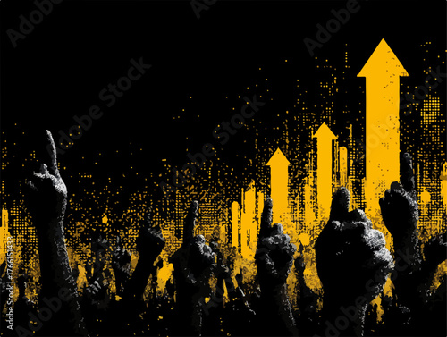 Questa potente illustrazione vettoriale cattura l'energia di una folla che punta in alto, simboleggiando aspirazione, progresso e successo collettivo.