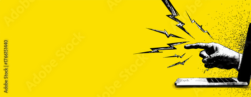 Una mano emerge da un laptop, puntando con decisione e rilasciando energia, su uno sfondo giallo vibrante, simbolo di interazione digitale e potere.