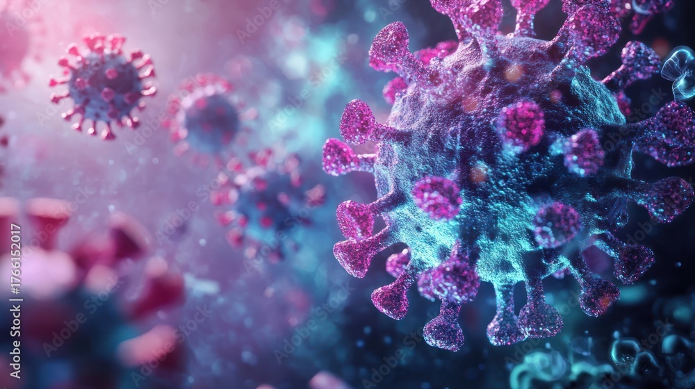 Fototapeta premium Microscopic View of Coronavirus Particles in Vibrant Colors