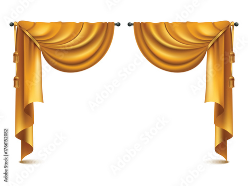 Golden realistic luxury curtain cornice decor domestic fabric interior drapery textile lambrequin