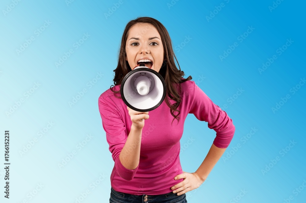 Fototapeta premium Young lovely woman yelling announce