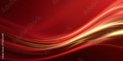 A luxurious abstract background with a red gradient and golden curved lines and waves. Shiny elements. An elegant festive composition for a New Year's banner. Minimalistic design.