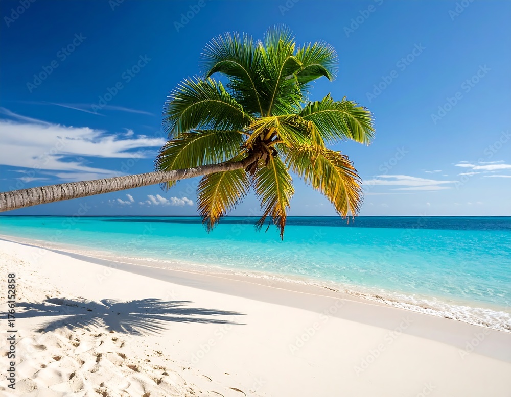 Fototapeta premium Tropical beach scene with a leaning palm tree