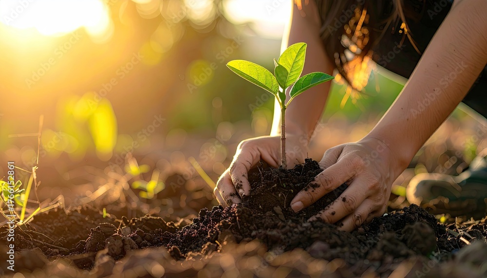 custom made wallpaper toronto digitalHands Planting Seedling in Rich Soil During Golden Hour Sunlight with Warm Bokeh Background