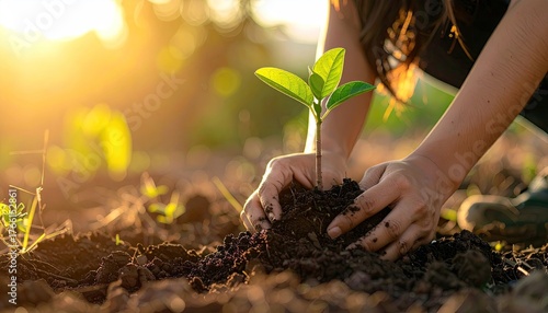 Wallpaper Mural Hands Planting Seedling in Rich Soil During Golden Hour Sunlight with Warm Bokeh Background Torontodigital.ca