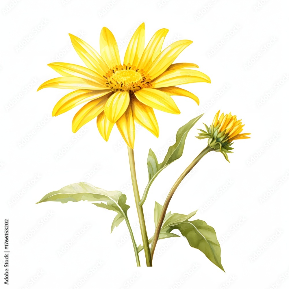 Fototapeta premium Vibrant yellow flower with a closed bud and lush green leaves