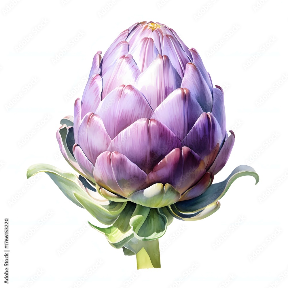 Fototapeta premium Vibrant purple artichoke watercolor illustration on white background