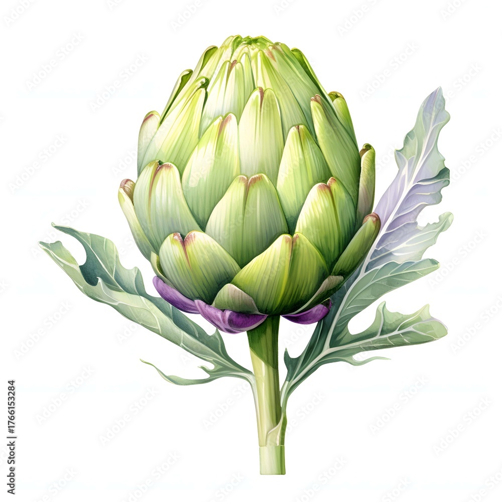Fototapeta premium Close-up of a vibrant green artichoke with visible details of its leaves and stem