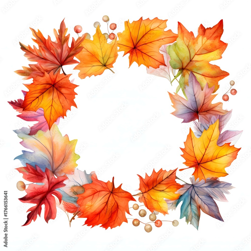 Fototapeta premium Autumn leaves watercolor wreath with red and orange tones